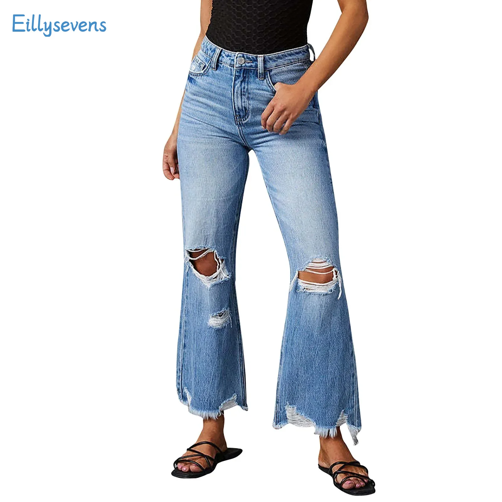 

Fashion Broken Holes Jeans Tassel Bootcut Jeans Women'S Daily Casual All-Match Street Style Cropped Pants Commuter Denim Pants