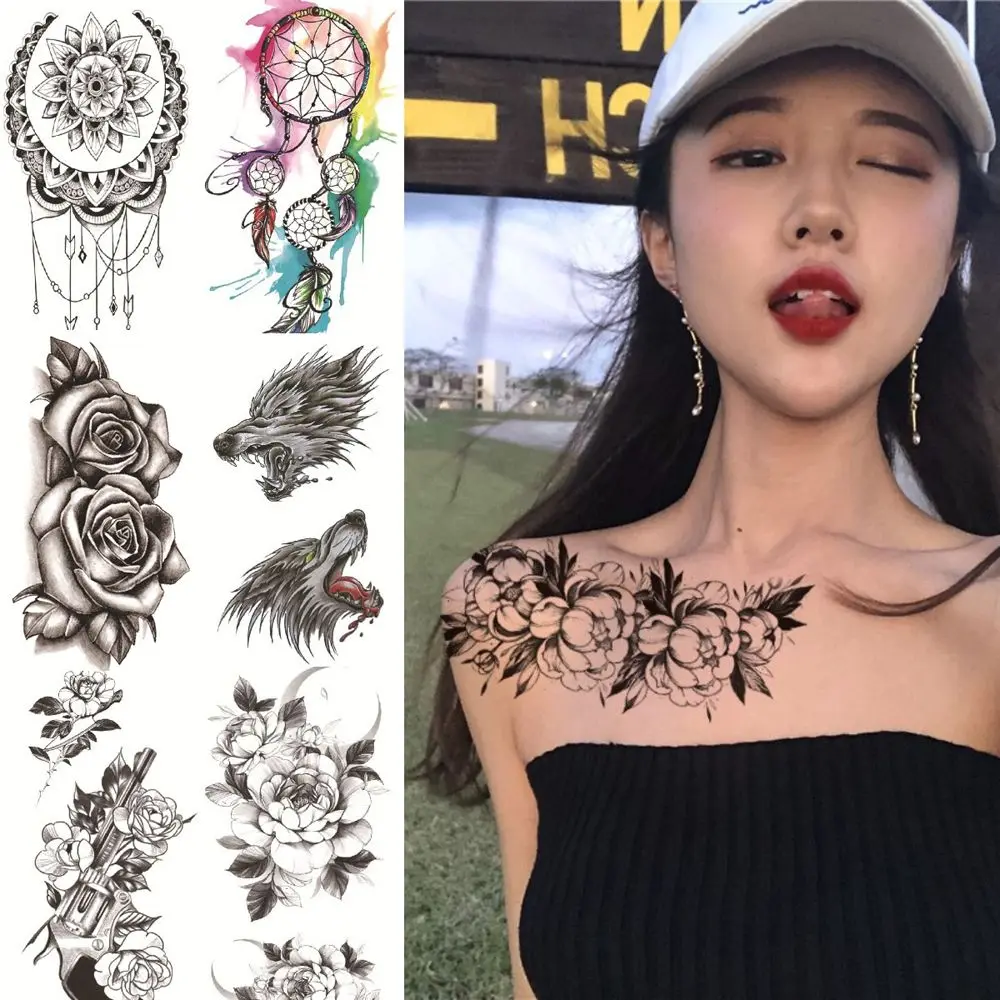 

Black Large Temporary Tattoos Snake Flower Fake Tattoo Sticker For Women Dot Rose Peony DIY Water Transfer Tatoos Girls