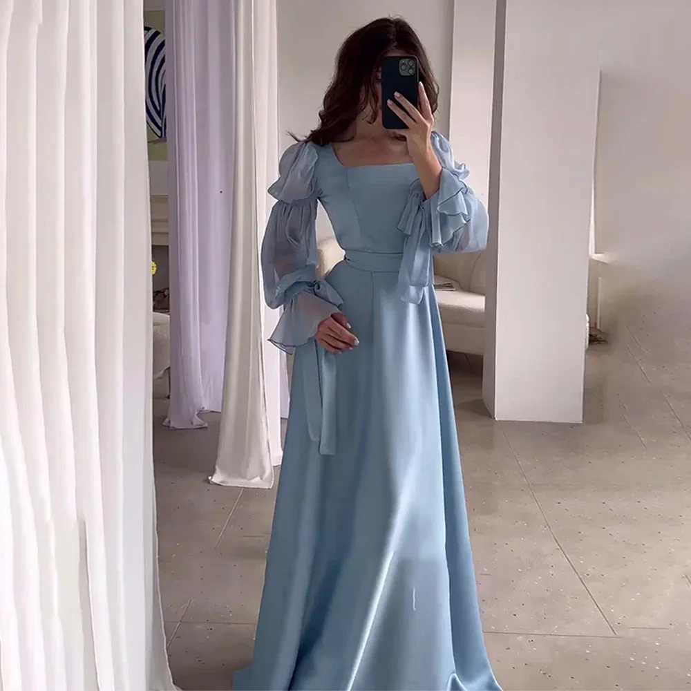 Women Chiffon Satin Evening Dress Square Collar Belt Flare Sleeve Pleated Female Dresses 2024 Elegant Lady Y2k Streetwear
Women Chiffon Satin Evening Dress Square Collar Belt Flare Sleeve Pleated Female Dresses 2024 Elegant Lady Y2k Streetwear