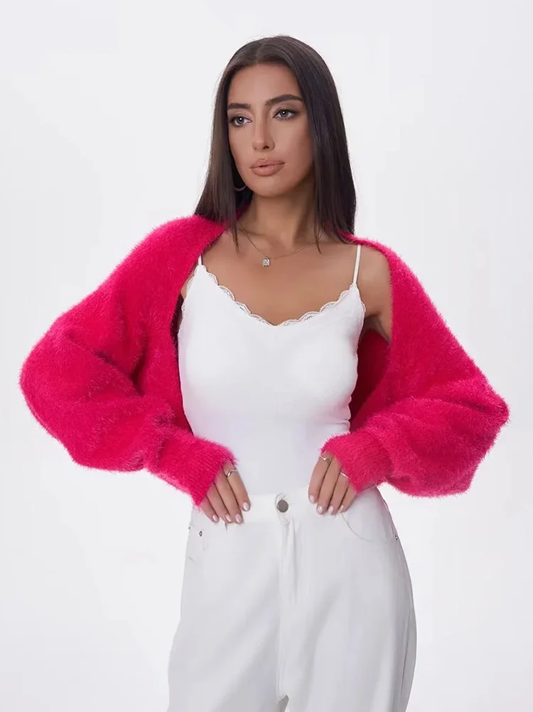 

HH TRAF Spring Female Casual Batwing Sleeve Cardigans Elegant Open Front Furry Long Sleeve Sweater Women's Knitted Cropped Top