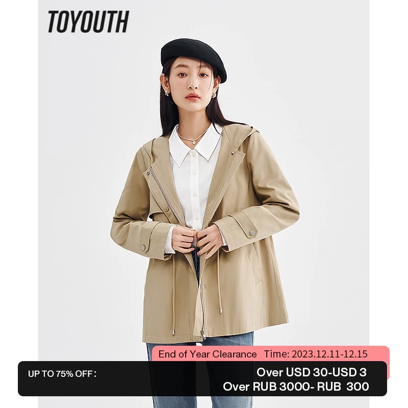 

Toyouth Women Trench Coat 2023 Spring Long Sleeve Drawstring Waist Loose Hooded Windbreaker Mid Length Khaki Classic Casual Ele