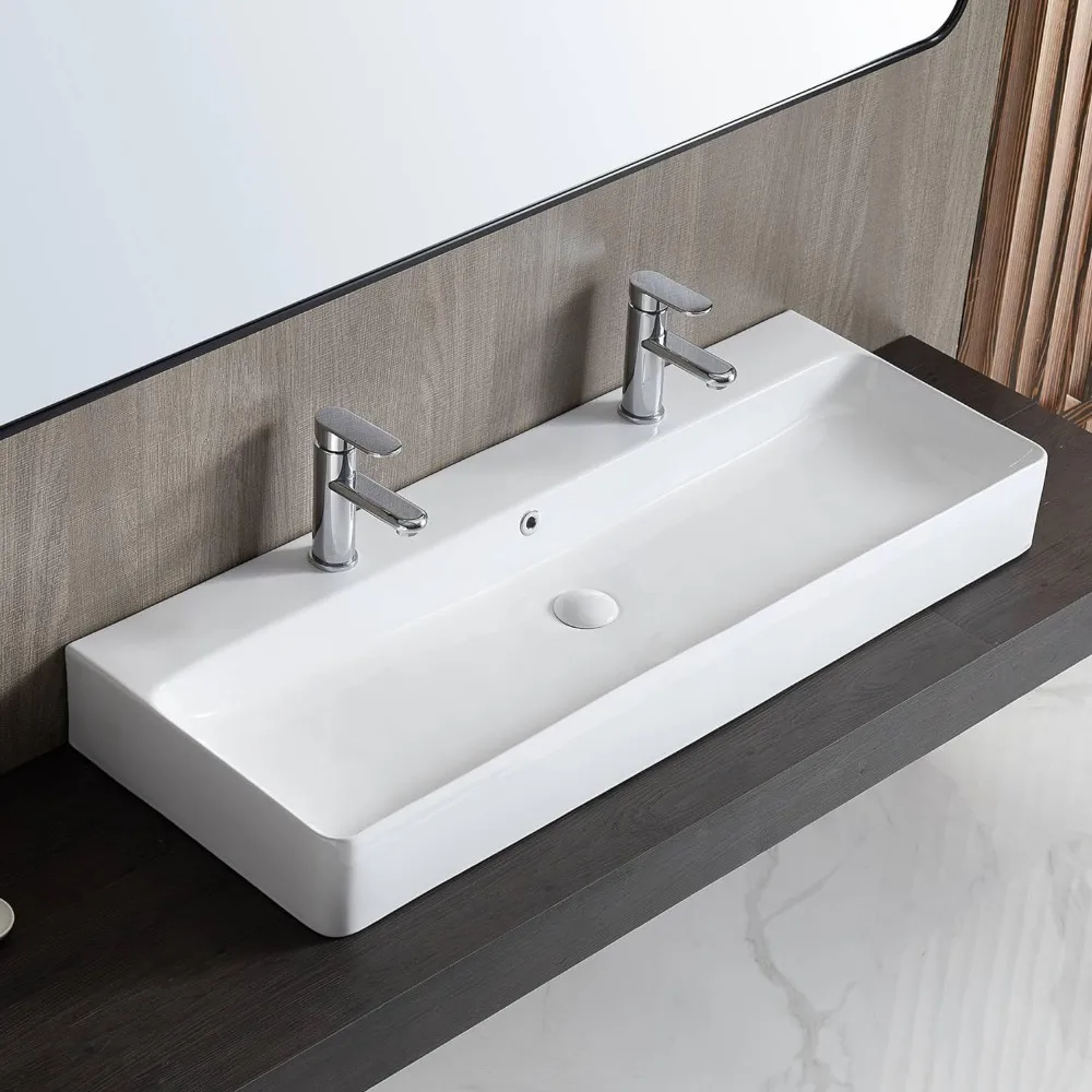 

Glossy White Bathroom Sinks Countertop & Wall Mount Modern Porcelain Vanity Floating Sink Art Basin Trough With Overflow Fixture