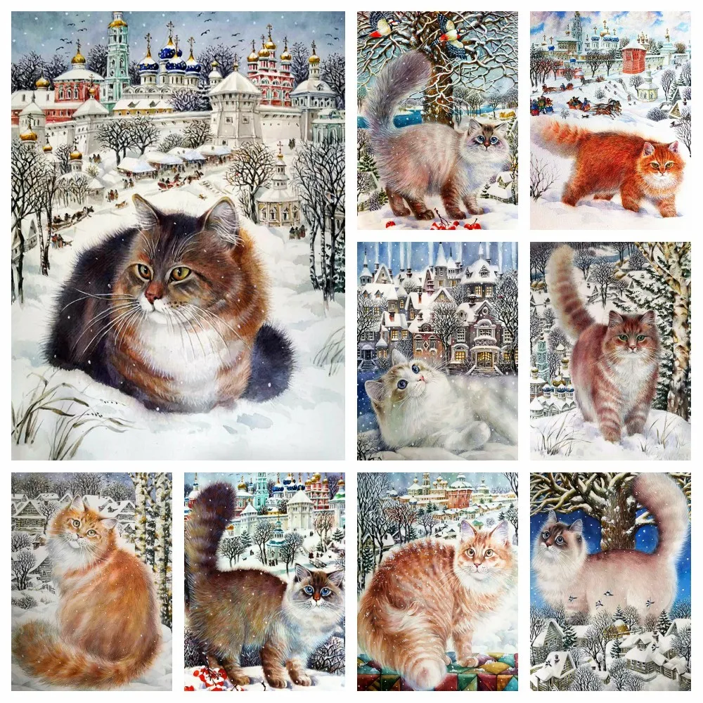 

5D алмазная живопись «сделай сам», Зимняя Вышивка с милыми кошками и снегом, мозаика, картина для творчества, Набор для вышивки крестиком, домашний декор, подарок на день рождения