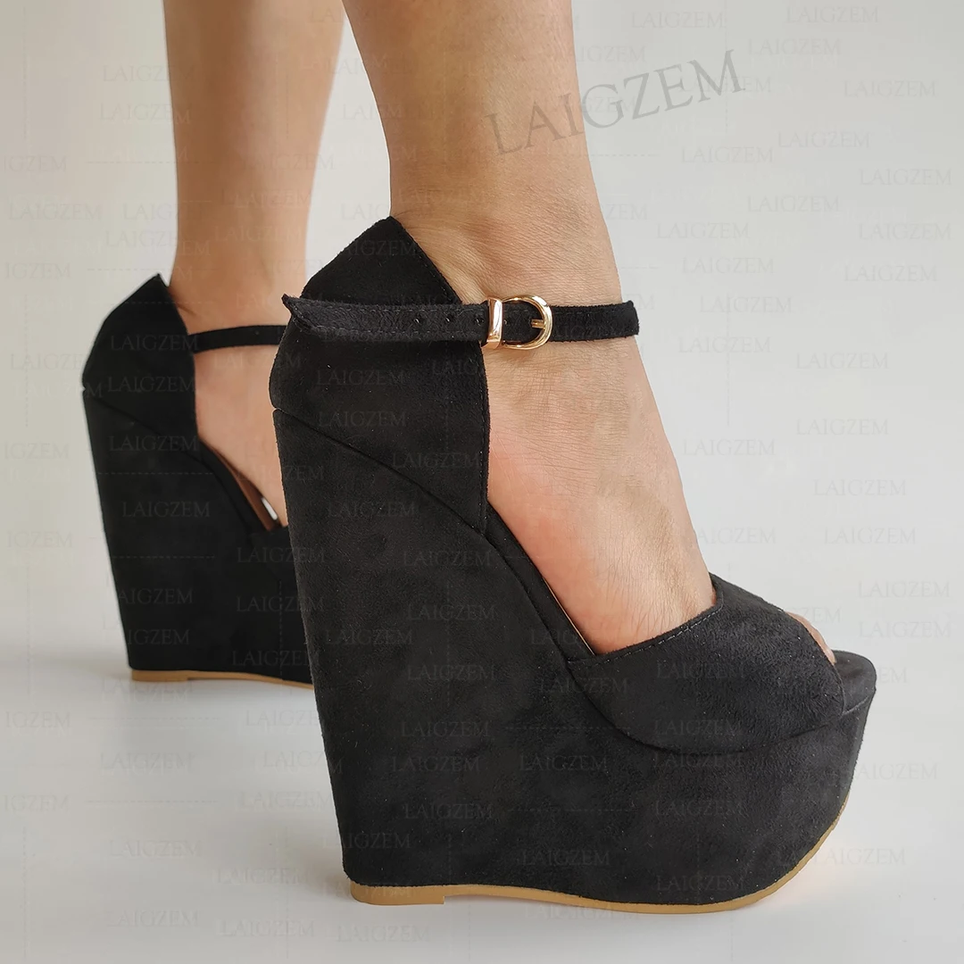 

LAIGZEM Women Pumps Platform Wedges Peep Toe Faux Suede High Heels Sandals Ladies Height Increase Shoes Woman Big Size 41 42 52