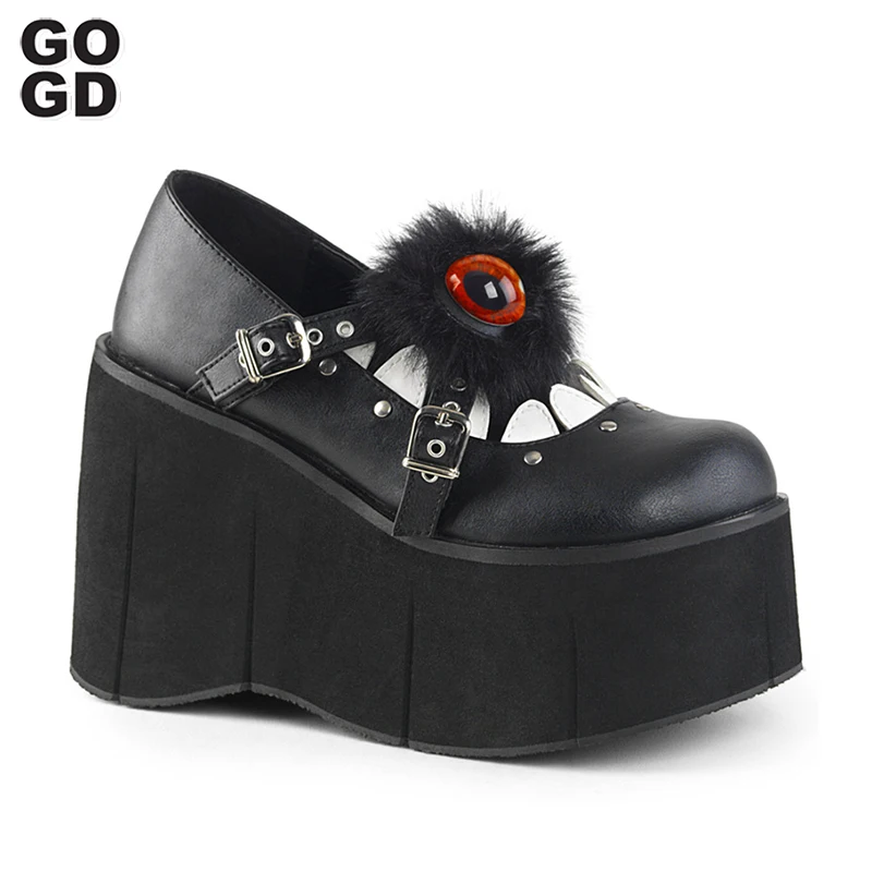 

GOGD Brand Fashion Women's Pumps New Platform Black Mary Jane Shoes Eyes High-Top Gothic Punk Style Shoes Shallow Furry Wedges