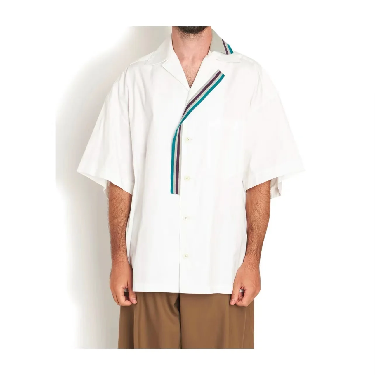 

22SS Kolor Japanese Loose Cotton Asymmetrical Striped V-neck Patchwork Short Sleeved Summer Men Shirt