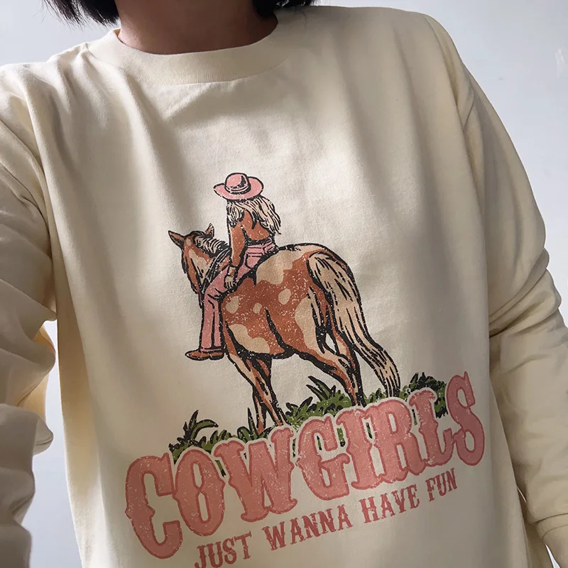 Hahayule топы с графикой Cowgirl, Осенний Женский свитшот с длинным рукавом, толстовки, модный топ, женская футболка, хипстер, гранж
Hahayule топы с графикой Cowgirl, Осенний Женский свитшот с длинным рукавом, толстовки, модный топ, женская футболка, хипстер, гранж