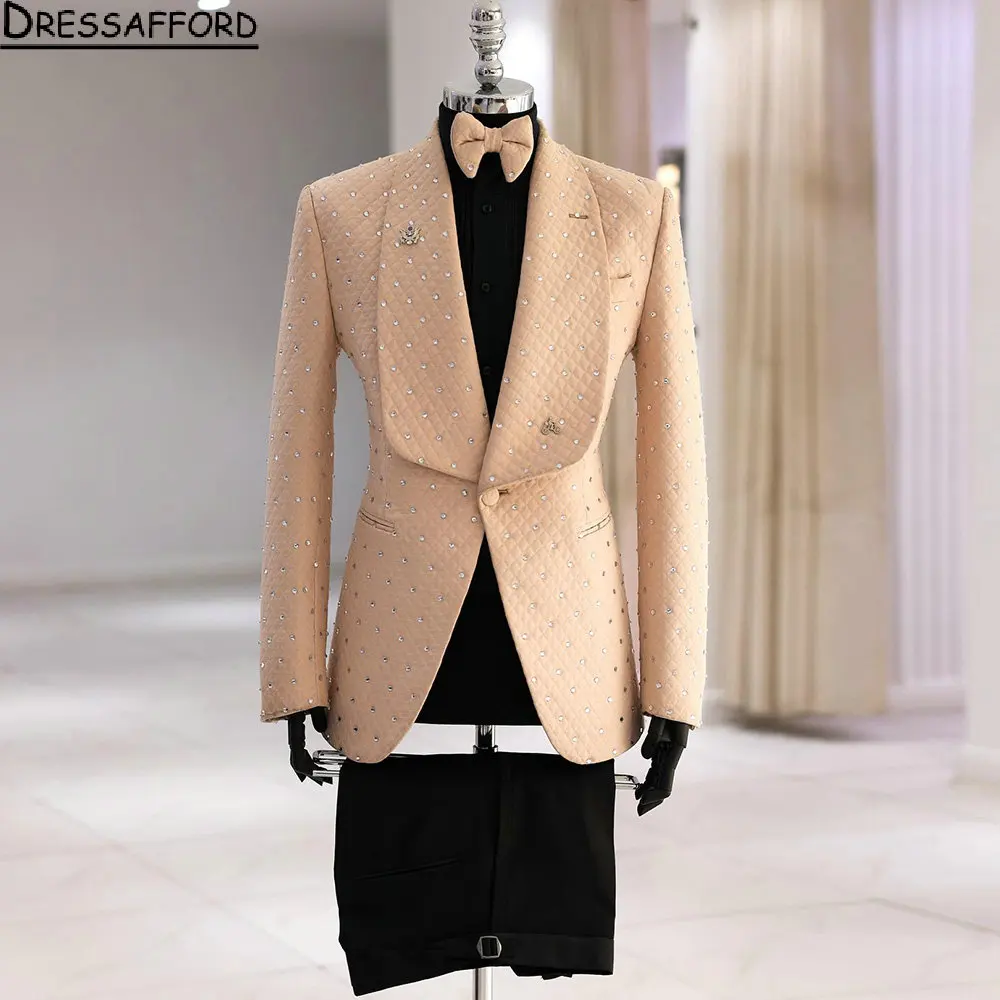 

Champagne Lattice Men Suits Crystal Groom Wedding Tuxedos 2 Pieces Sets Dinner Prom Blazers Terno Masculino Completo