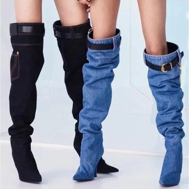 Sexy Blue Denim Boots Buckle Strap Loosed Pointed Toe Knee High Boots Street Style Thin Heels Jeans Thigh High Boots
Sexy Blue Denim Boots Buckle Strap Loosed Pointed Toe Knee High Boots Street Style Thin Heels Jeans Thigh High Boots