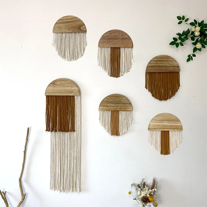 

1PC Tassel Tapestry Macrame Wall Hanging Boho Semicircle Wooden Board Ornament Long Tassels Tapestry Homestay Living Room Decor