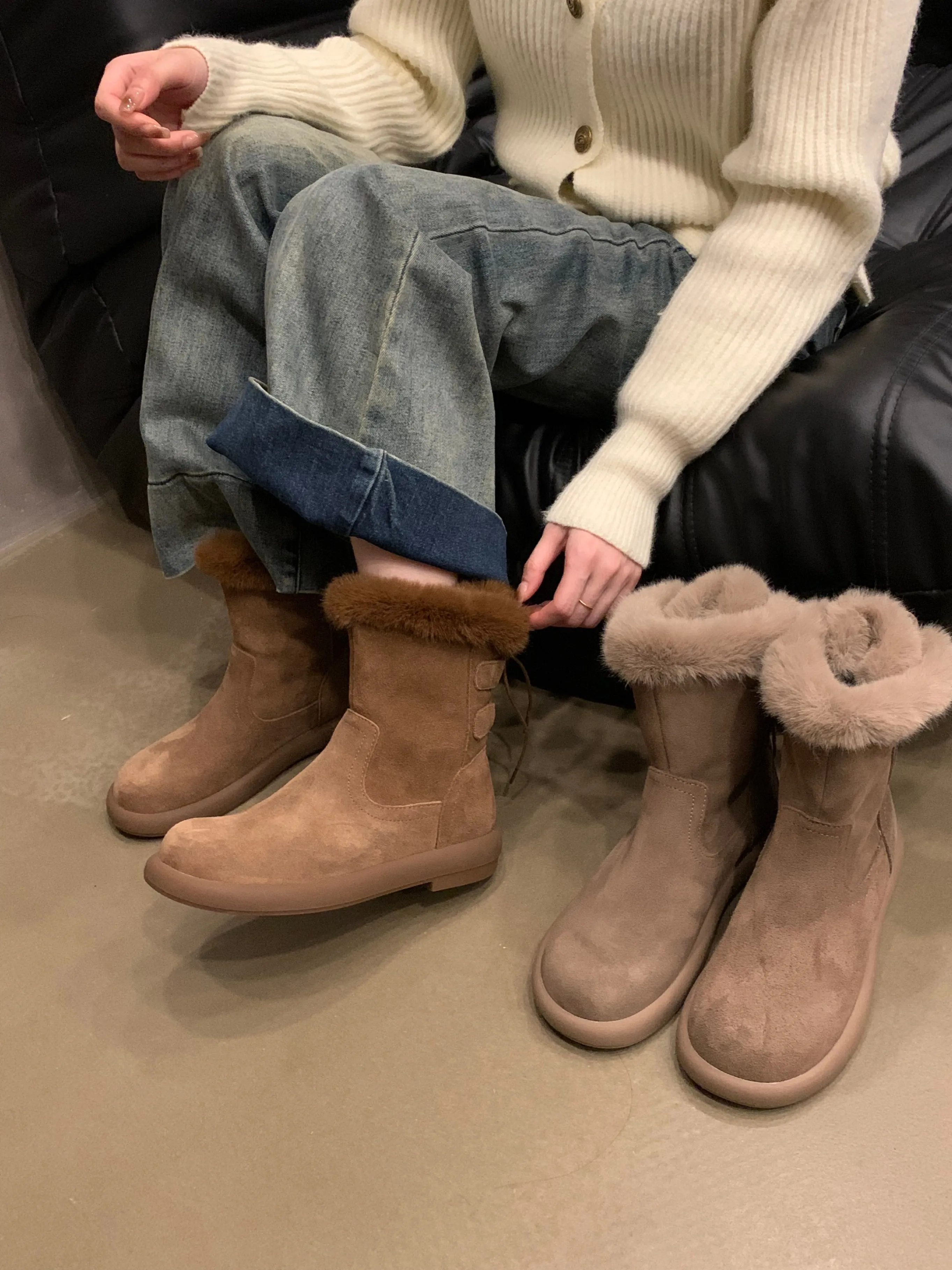 

Snow Boots For Women Shoes Flat Heel Plush Round Toe Elegant Mid-Calf Mid Calf Fur Rubber Low Cow Suede Solid Basic Fabric Rome