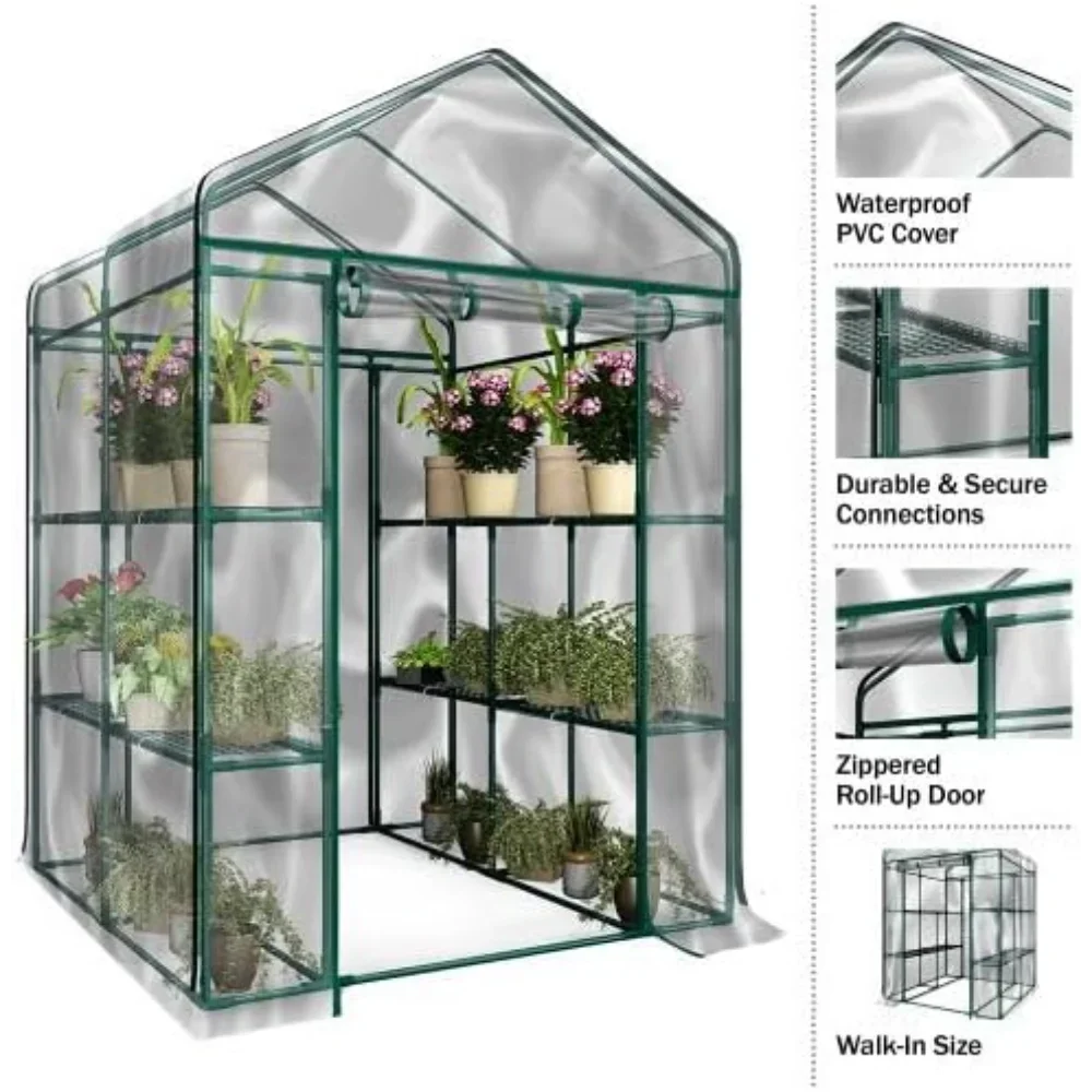 

Greenhouse - Walk in Greenhouse with 8 Sturdy Shelves and PVC Cover for Indoor or Outdoor Use - 56 x 56 x 76-Inch Green House