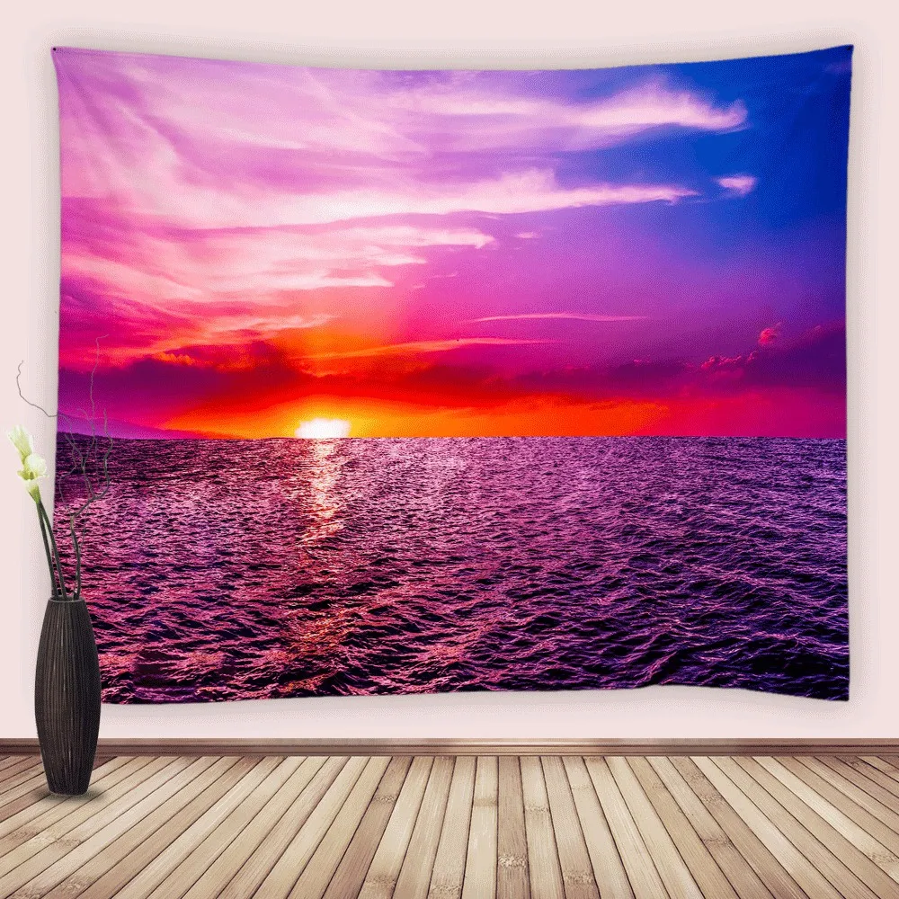 

Purple Sky Beach Tapestry Ocean Cloud Sunset Scenery Hawaii Nature Tapestries for Bedroom College Living Room Polyester Fabric