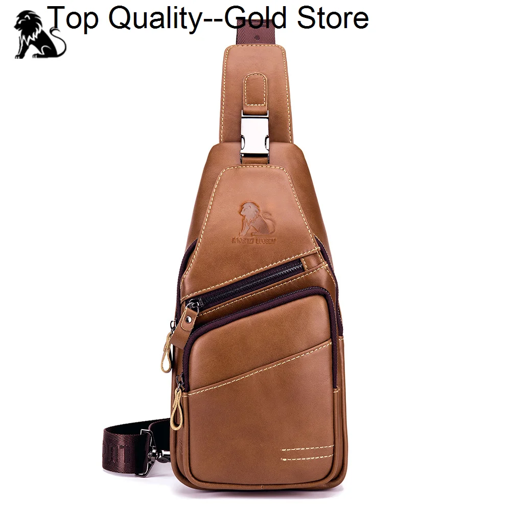 

LAOSHIZI 2024 Genuine Leather chest bag for men casual messenger bags fashion men's pack large capacity Business bag's