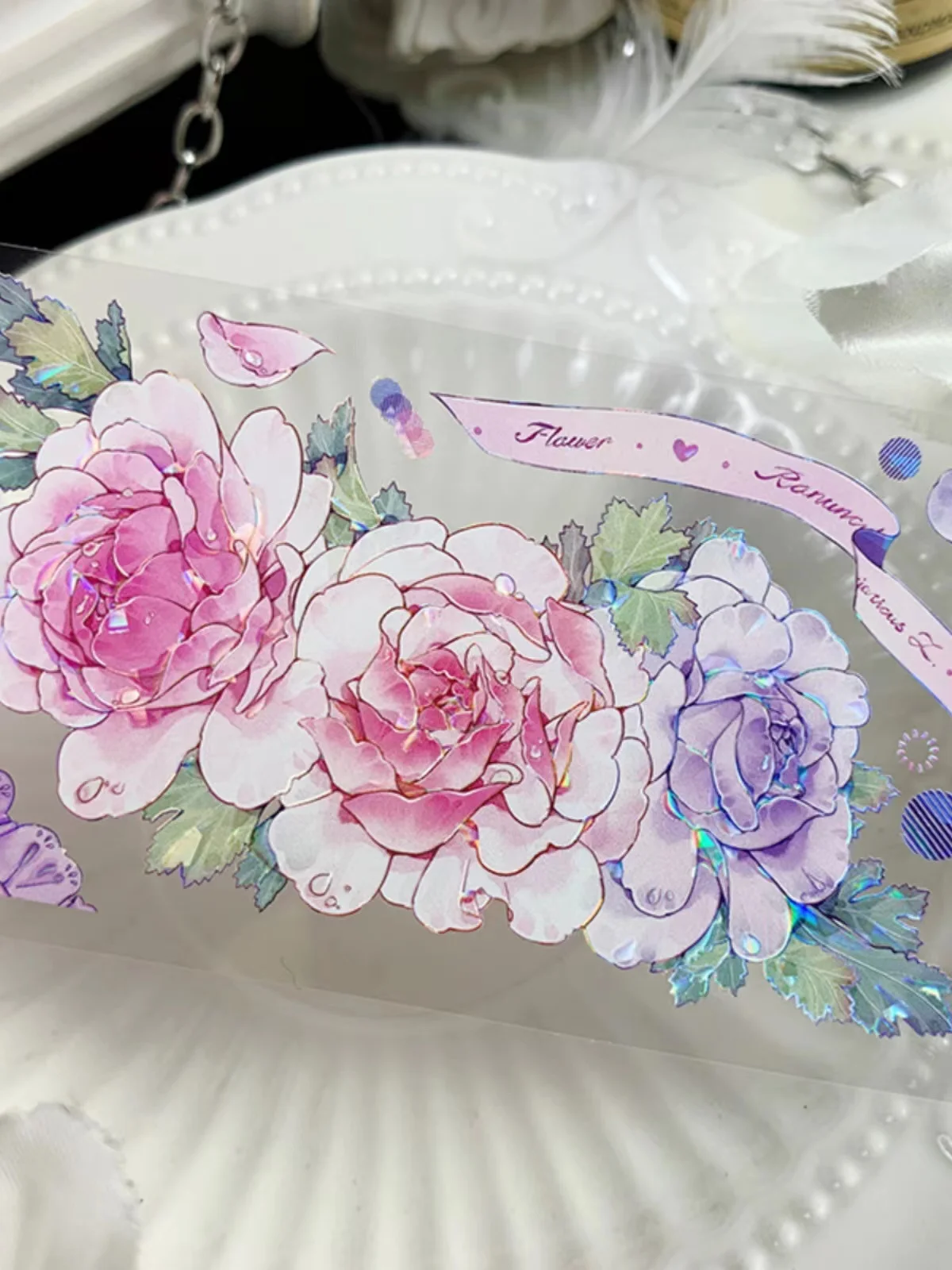 

Vintage Lace Pink Peony Floral Washi PET Tape Planner DIY Card Making Scrapbooking Plan Decorative Sticker