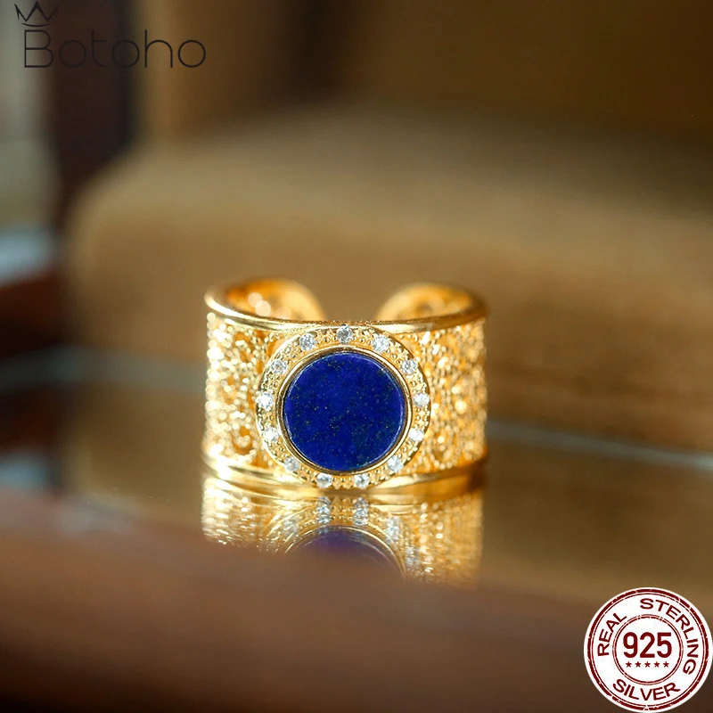 Женское кольцо с натуральным Лазуритом, покрытое серебром 925 пробы, с изменяемым размером