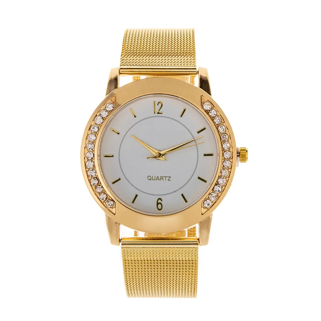 

Fashionable Women'S Luxury Wristwatch Crystal Trendy Mesh Strap Golden Stainless Steel Quartz Watch Minimalist Women'S Watch