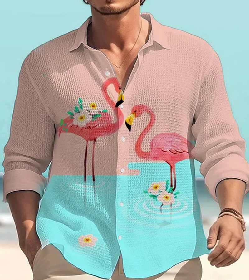 

Men's Boutique Flamingo Print Shirt Men's Street Fashion Shirt Men's Sport Breathable Top Men's Casual Sweat-Absorbing Cardigan