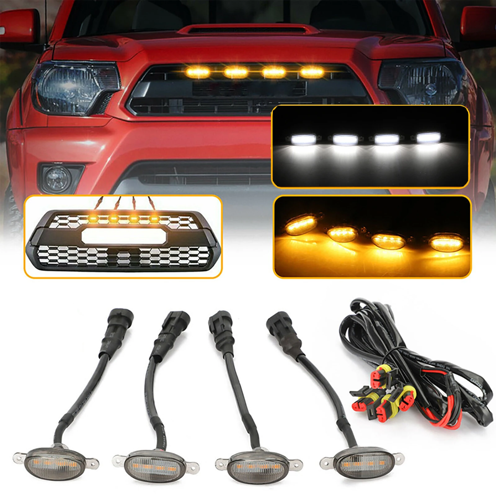 

LED Grille Light Universal Car Smoked Amber White 4LED Grill Light Lighting Eagle Eye Lamp for Off Road Trunk SUV Ford Toyota