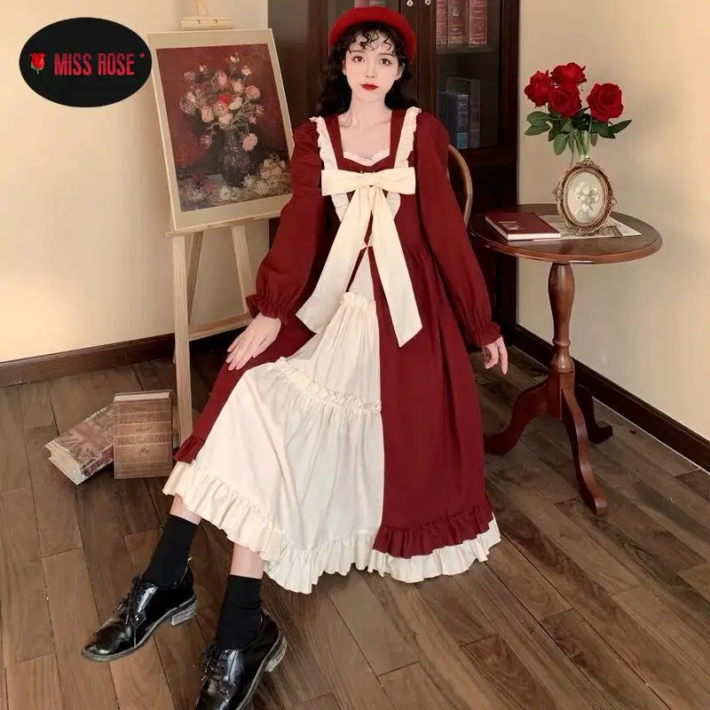 

Women Lady Girl Wine Red Long Midi Dress Summer Autumn Winter JK Sailor Uniform Party Club Banquet Dinner Palace Gothic Dresses