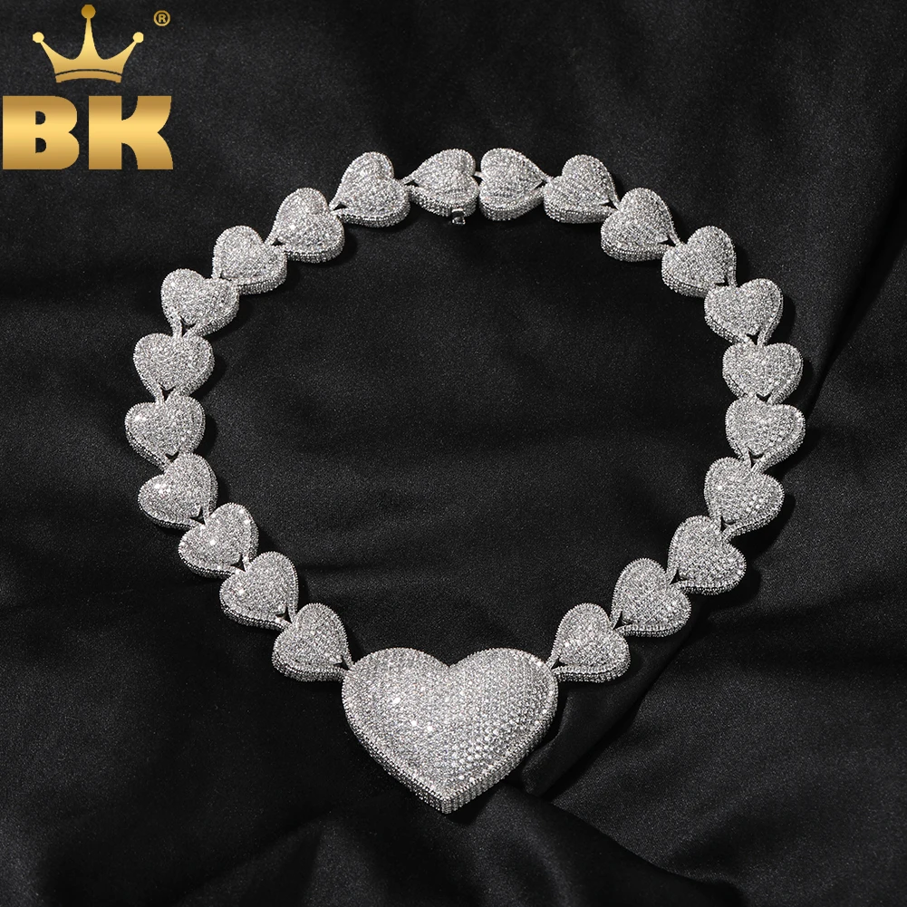 

TBTK 2 Sizes Big Heavy Heart Necklace Micro Paved Out Cubic Zirconia Link Chain Best Gift For Women Girl Hiphop Jewelry