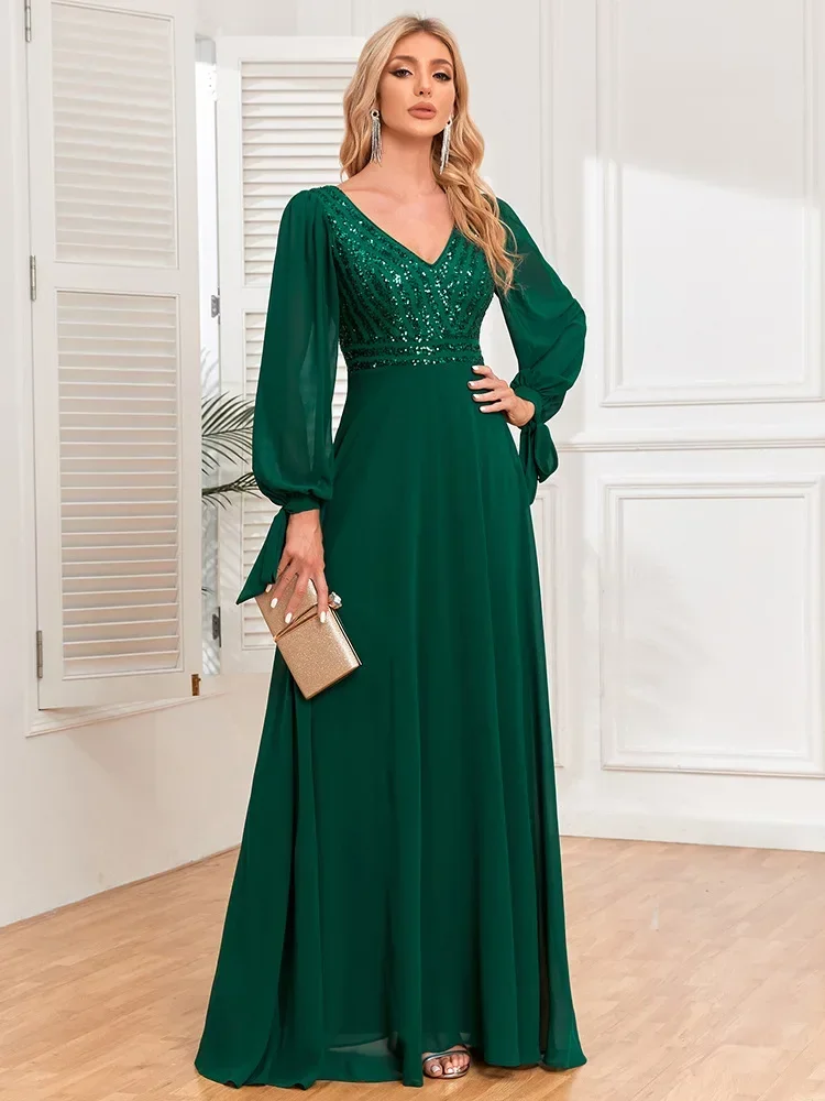 

Green Elegant Sequin Maxi Evening Party Dress for Women 2024 Long Sleeve Chiffon New Prom Gowns Sexy Draped Swing Cocktail Dress