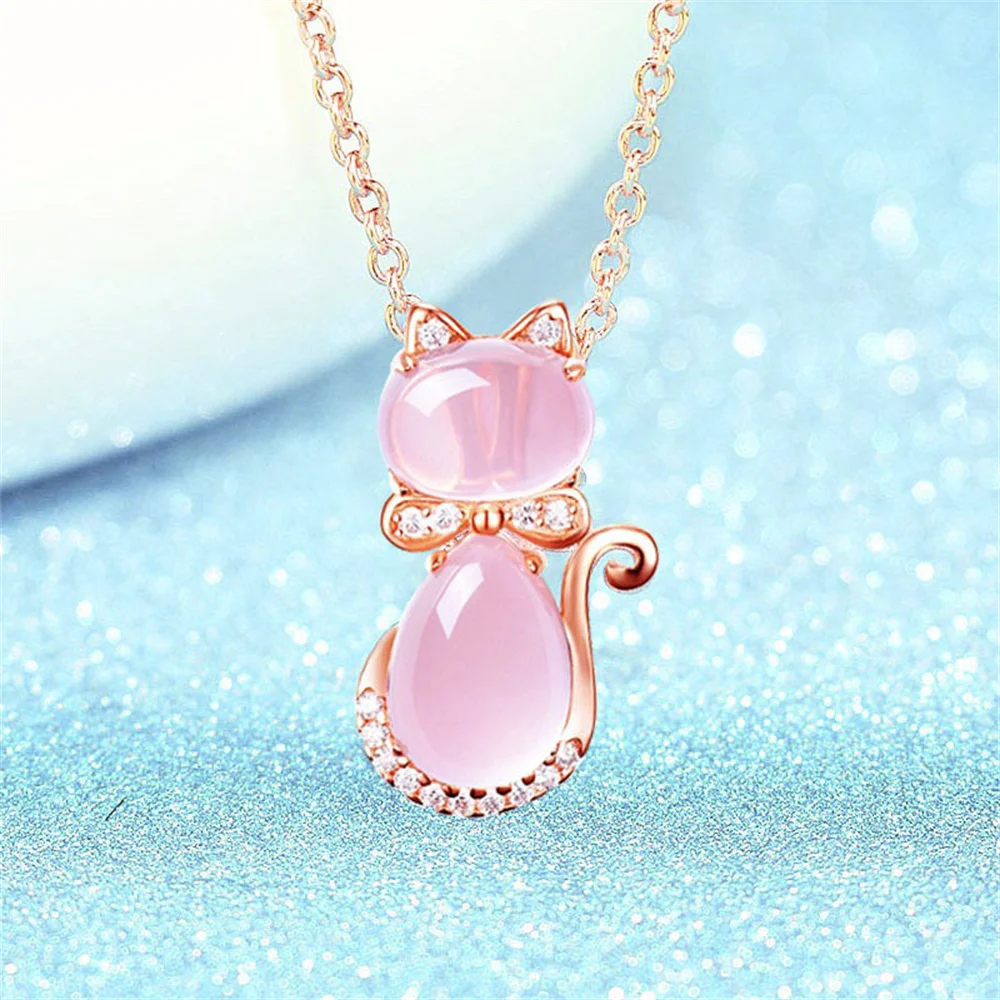 

Очаровательное ожерелье из натурального розового халцедона с подвеской в виде кошки с кристаллами модное ожерелье для женщин модные подарки для девушек ювелирные изделия