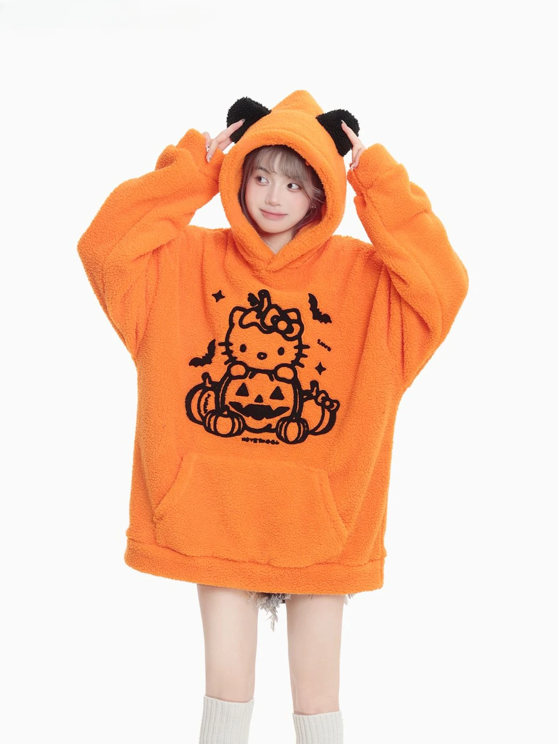 

Sanrio Original Funny Pumpkin Head Polar Fleece Hello Kitty Sweater Men Women Autumn Winter Couple Coat Zip up Hoodie Oversized