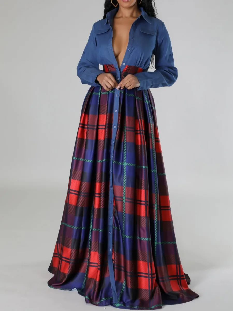 

LW Elegant Fall Maxi Dresses Plaid Print A Line Shirt Dress Nipped Waist Long Sleeve Lapel Neck Flowy Patchwork Vestidos