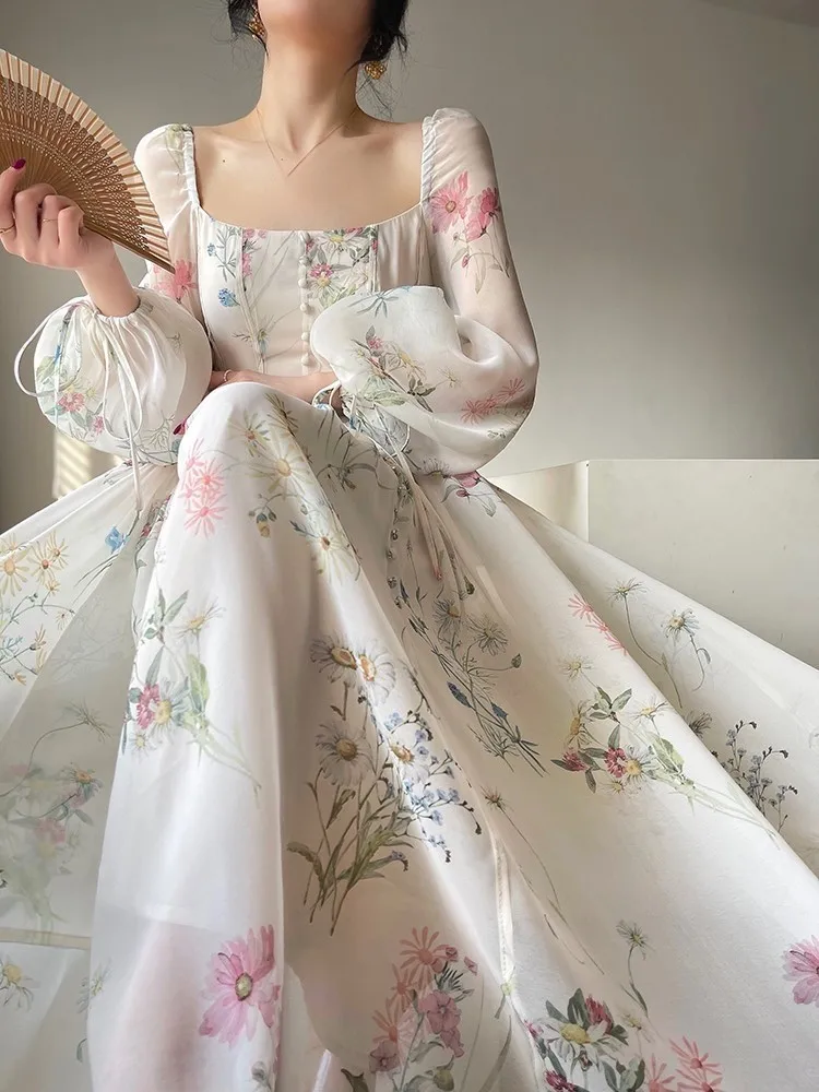 

Женское винтажное платье с цветочным принтом, длинное пляжное платье-трапеция во французском стиле с рукавами-фонариками, вечернее платье для выпускного вечера, весна-лето