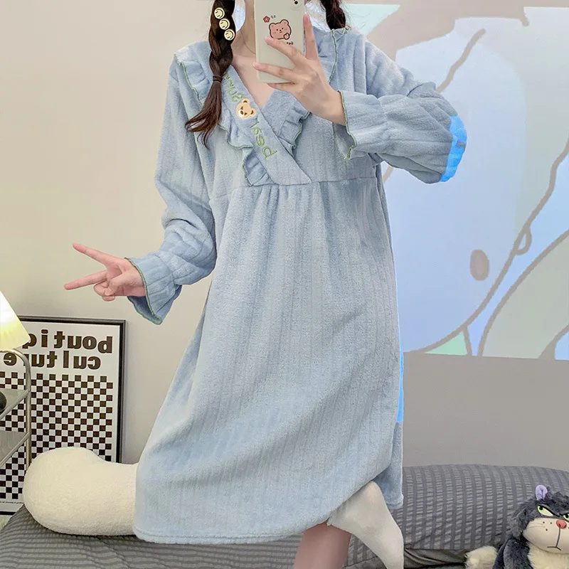 

Korean Cute Autumn Winter Flannel Nightgowns Warm Soft Women Thicken Long Sleepwear Dresses Kawaii Girls V Neck Loose Home Wear