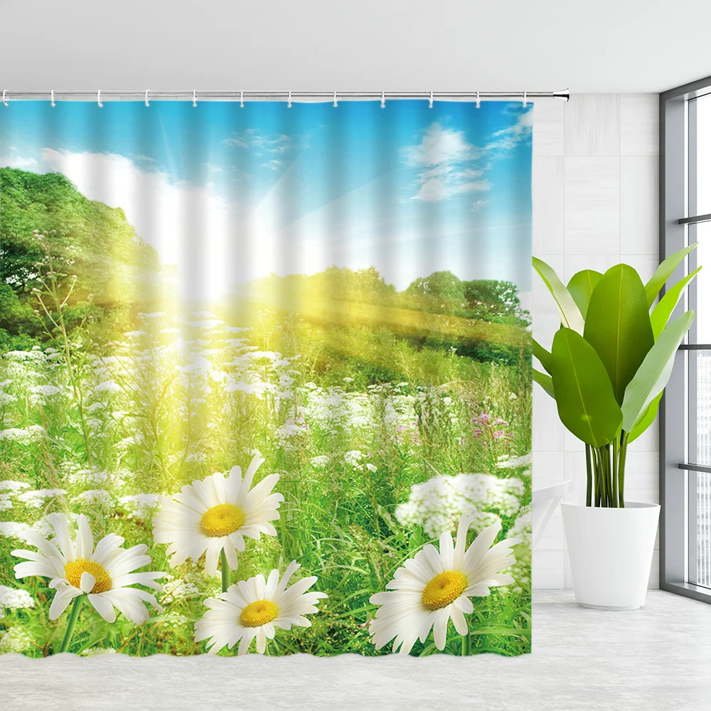 

Watercolor Yellow Blue Flower Shower Curtain Spring Flower Flourishing Vibrant Blooms Design Fabric Bathroom Curtains with Hooks