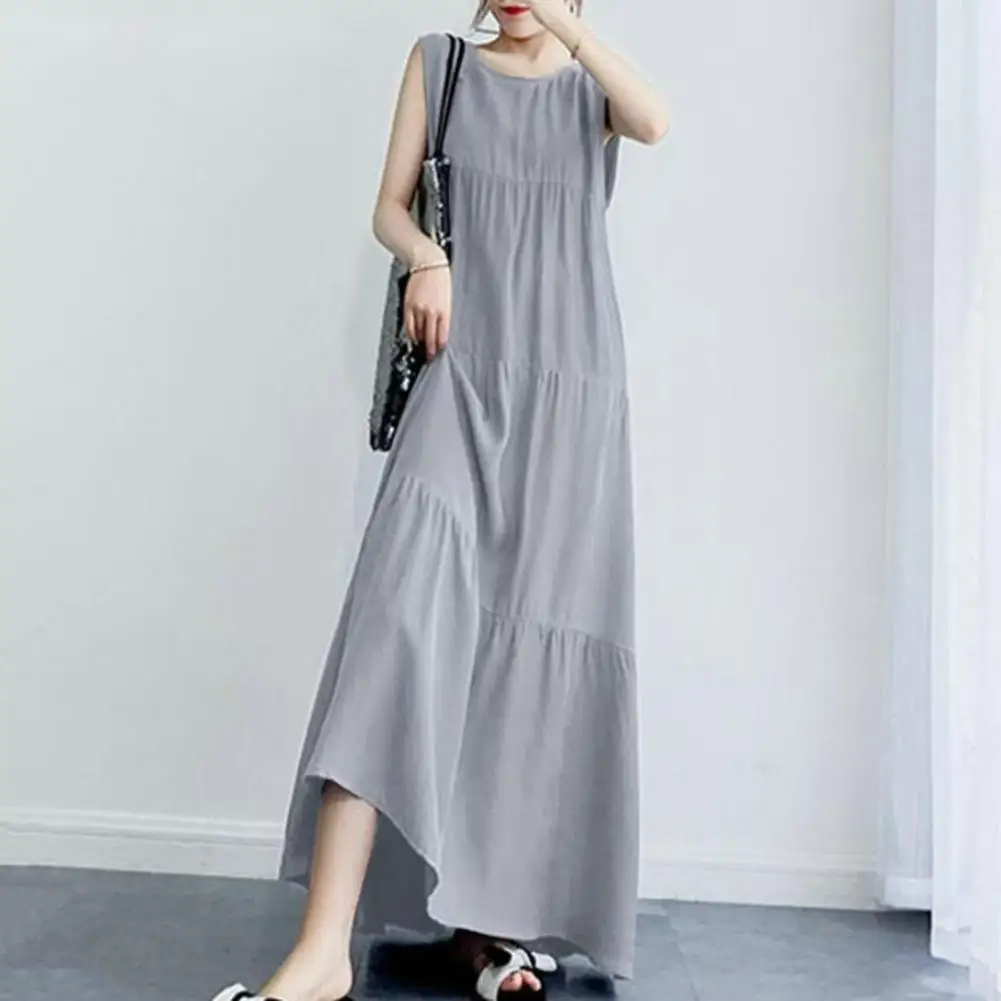 

Women Summer Dress Sleeveless A-line Big Hem Solid Color Round Neck Patchwork Pleated Beach Maxi Dress Women's Ruffle Sundress