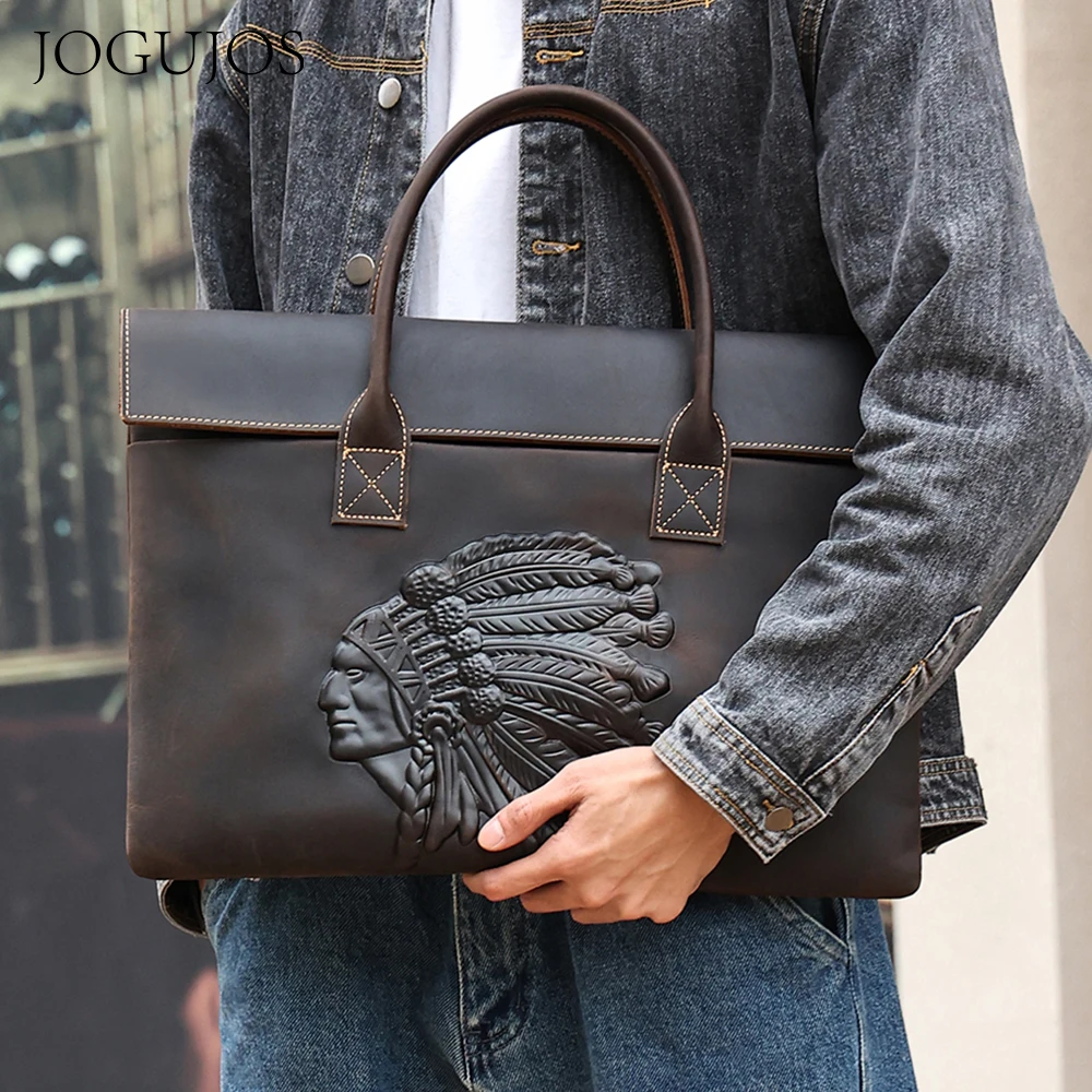 

JOGUJOS Vintage Crazy Horse Leather Men Briefcase Personality Pattern Embossed Handbag Male Portfolio Laptop Office Business Bag