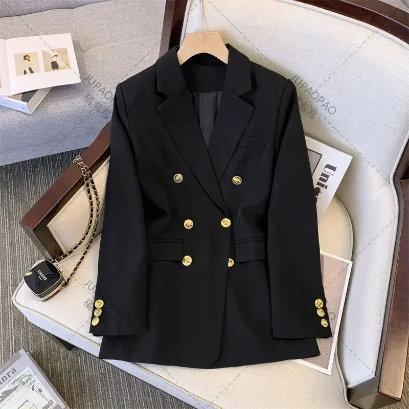 

Черные модные блейзеры khakiers для курток, новинка 2023, весенне-летние офисные длинные пальто для женщин, двубортная верхняя одежда с отложным воротником D53