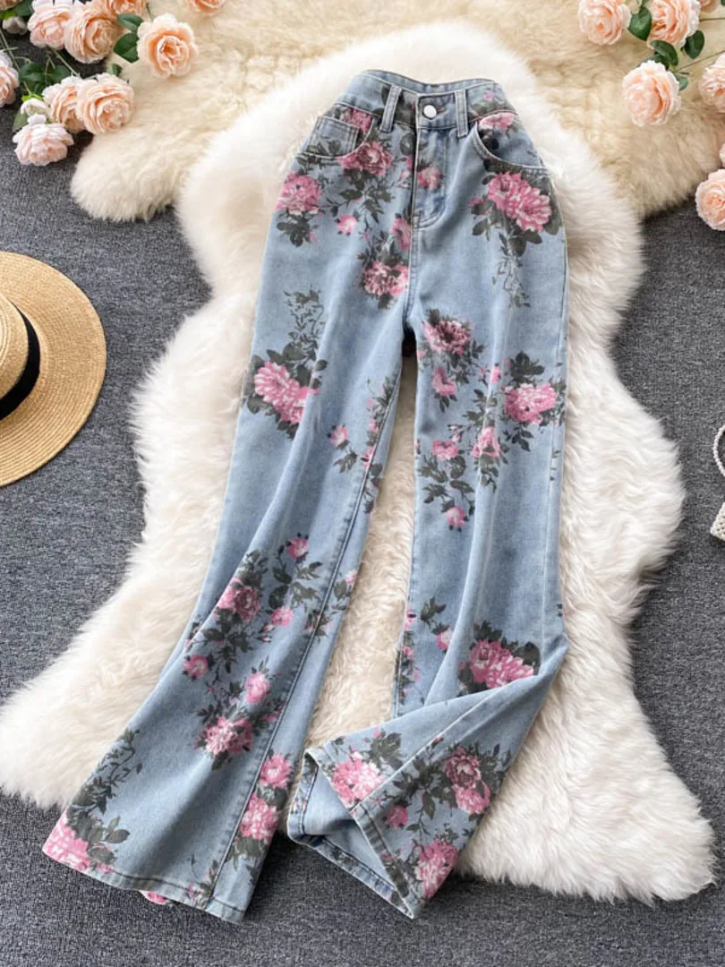 Фото Женские джинсы с цветочным принтом винтажные длинные брюки из денима высокой