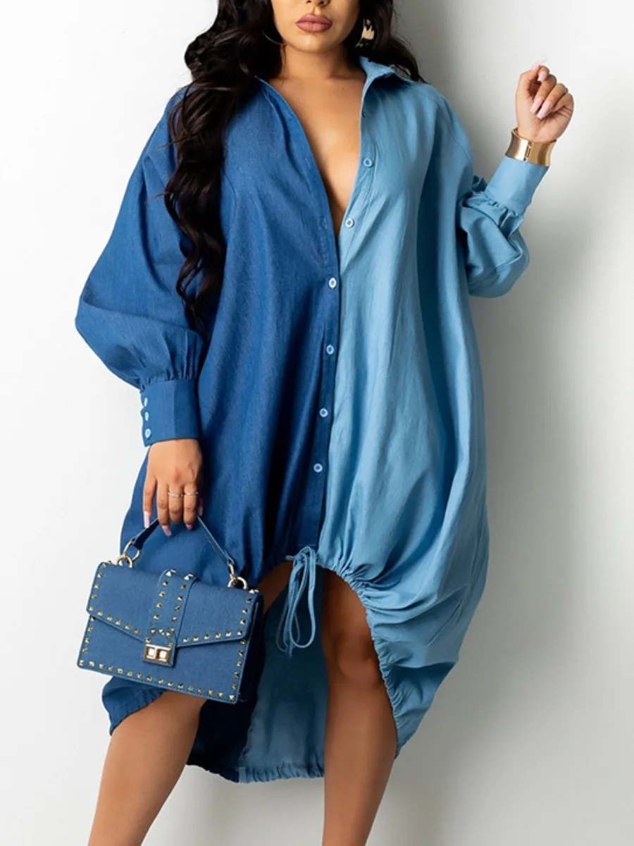 

LW Color Contrast Imitation Denim Hem Drawstring Patchwork Shirt Dress Long Lantern Sleeve Loose Dresses Casual Blue Streetwears