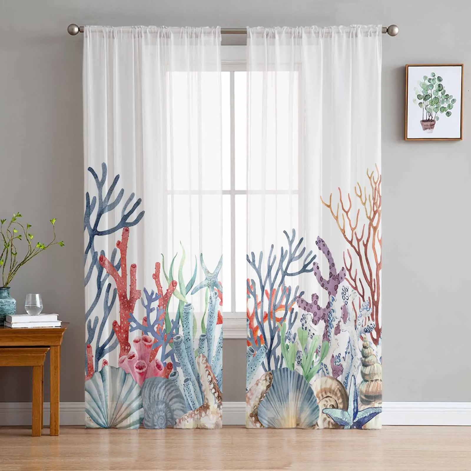 

Marine Coral In Summer Starfish Sheer Curtains for Living Room Kitchen Tulle Window Curtain Home Decoration Bedroom Voile Drapes