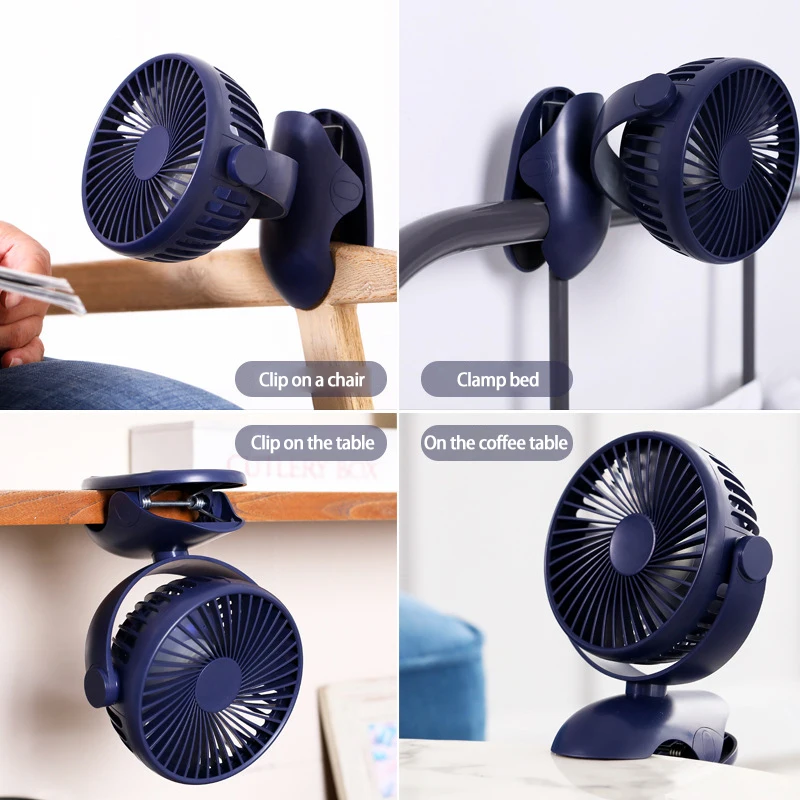 

Mini Mute Clip Fan Silent 4 Blades Baby Stroller Fans Portable Air Cooling 3 Speeds Desk Fan Rechargeable Output For Home