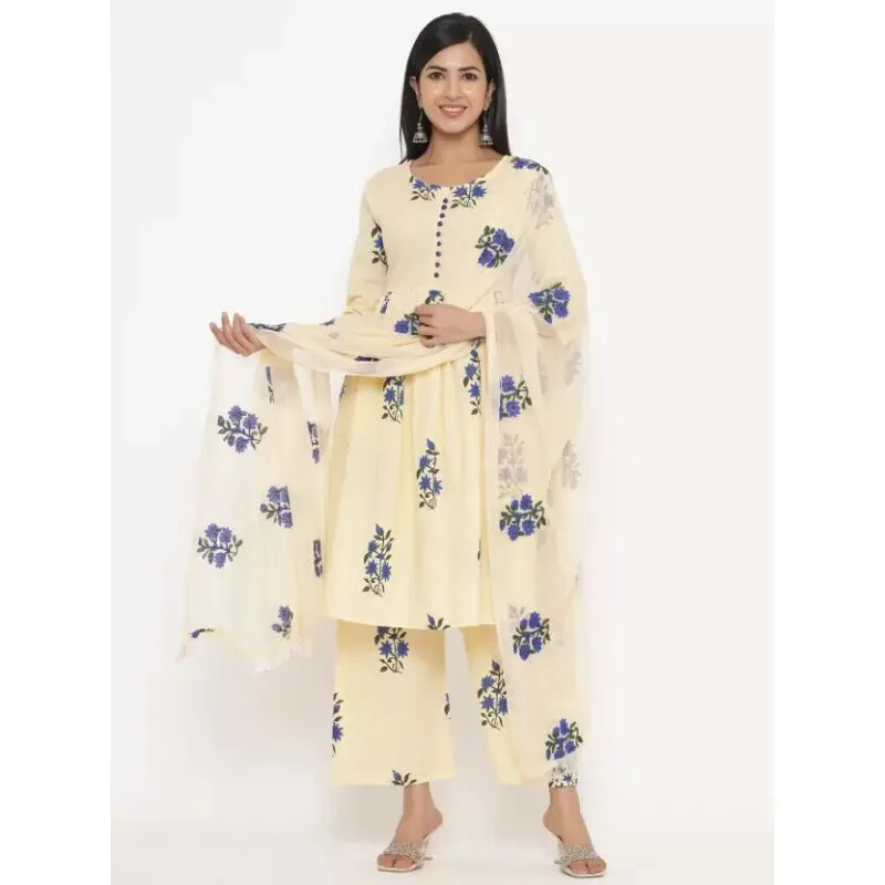 

Pure Cotton Kurti Palazzo & Dupatta Set Floral Printed Women's Kurta Pajama