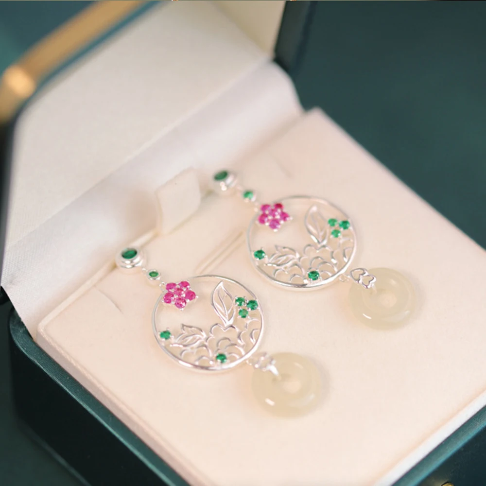 

S925 Sterling Silver Hotan Jade Earrings Female Natural Gold Plated Jewelry Headpiece 2024 New Earring Hand drawn Color