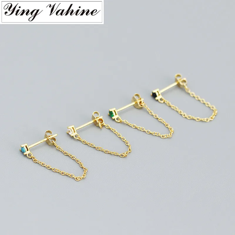 

ying Vahine 925 Sterling Silver Black White Green Zircon Turquoise Tassel Stud Earrings for Women Piercing Jewelry