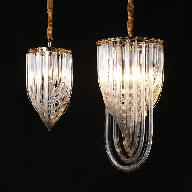 

New fashion light luxury chandelier American restaurant led hanging lamp Nordic gold metal e14 holder art glass tube chandeliers