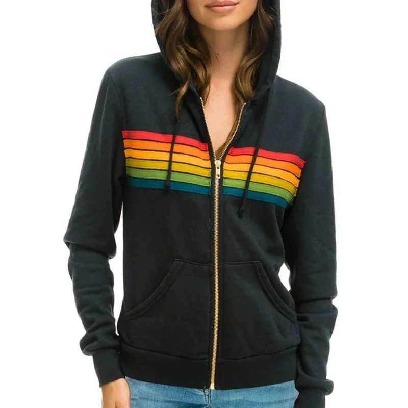 

Donsignet Women Hoodies Coat 2021 New Casual Rainbow Hooded Sweatshirts Fashion Zip-up Striped Cardigan Men Hoodies