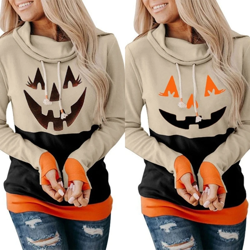

Womens Halloween Fashion Hoodies Pumpkin Printed Long Sleeve Cowl Neck Drawstring Loose Sweatshirts Pullover Tunic Tops Dropship