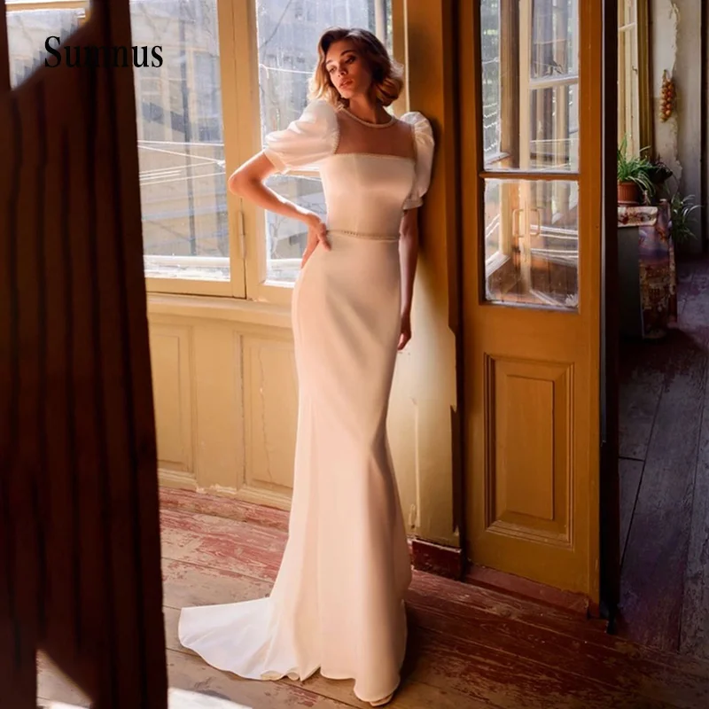 Vintage Satin Long Mermaid Wedding Dress Square Neck Short Sleeve Back Illusion Zipper Elegant Bride Gowns Robe de Mariee
Vintage Satin Long Mermaid Wedding Dress Square Neck Short Sleeve Back Illusion Zipper Elegant Bride Gowns Robe de Mariee