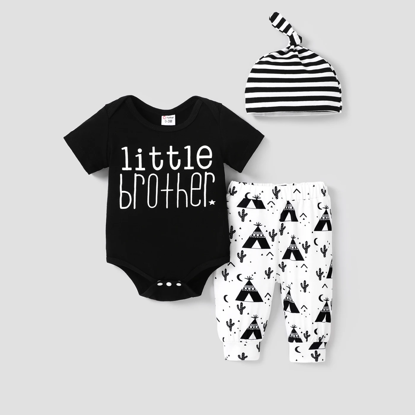 

PatPat 3pcs Baby Boy Letter Graphic Short-sleeve Romper and Allover Cactus Print Pants & Striped Hat Set