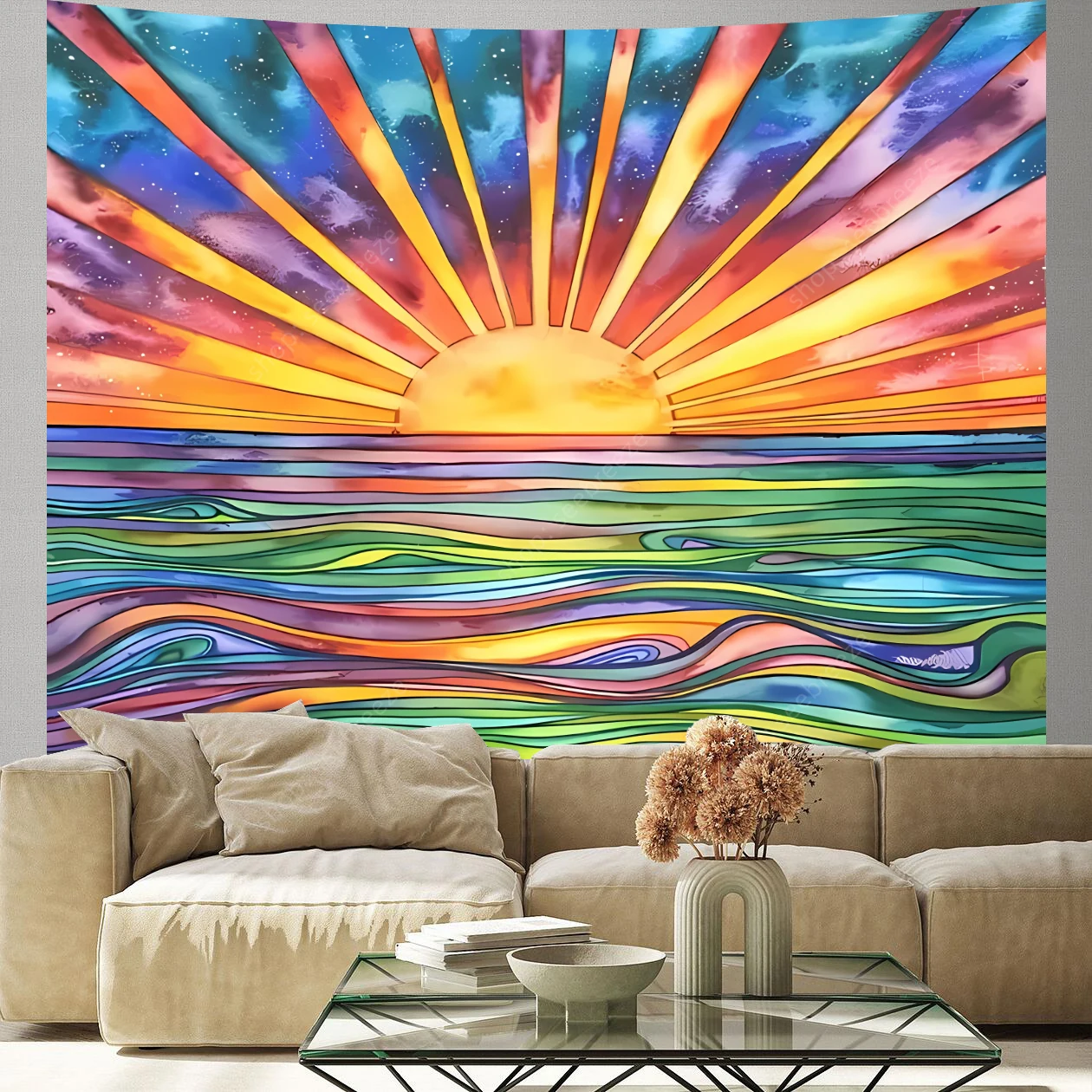 

Colorful Sunshine Tapestry Wall Hanging Abstract Line Waves Tapestry Boho Decor Bedroom Aesthetic Beach Towel Curtain Blanket