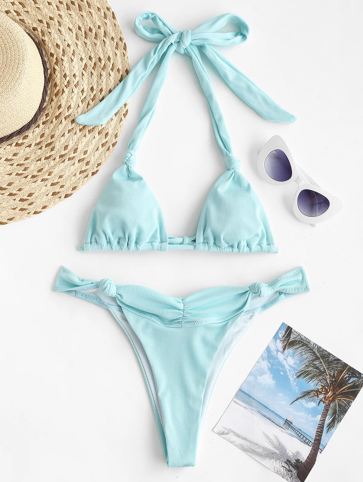 ZAFUL Halter Ribbed Knots High Cut Thong Bikini Swimwear AliExpress
