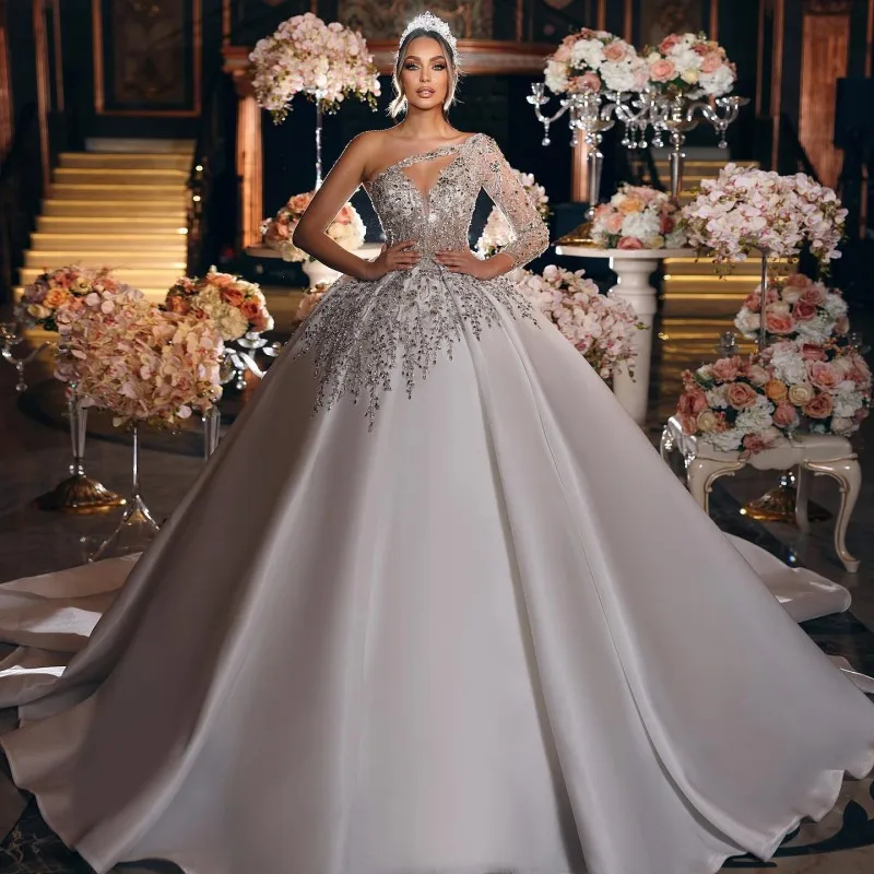 

Luxury Ball Gown Princess Wedding Dresses One Shoulder Long Sleeve Vestido De Novia Lace Beaded Cathedral Train Robe De Mariee
